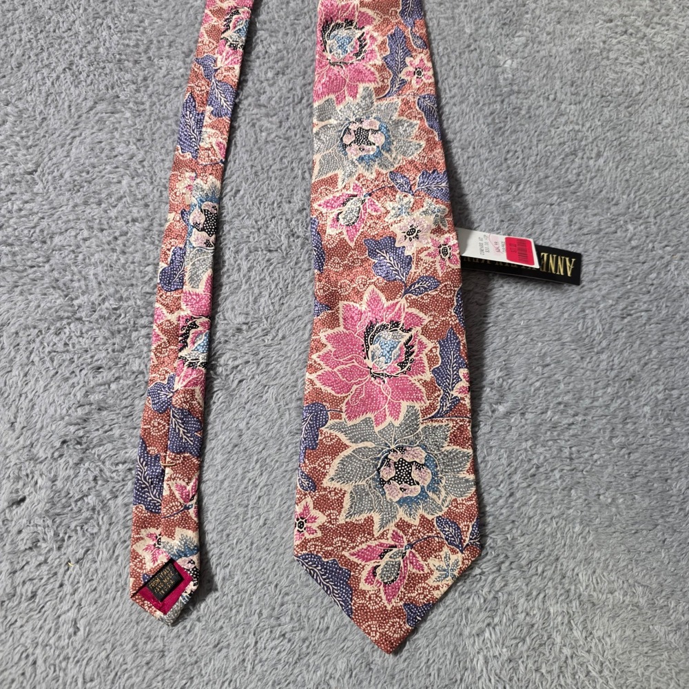 Anne Klein Mens 4" Silk Necktie Pink Brown Floral Batik Italian Fabric USA Made